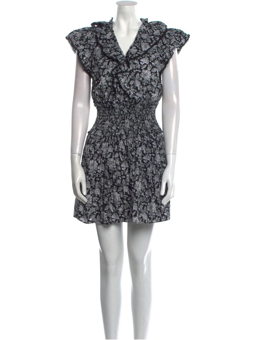 Rebecca Taylor Floral Ruffled V-Neck Smocked Waist Mini Dress - Black/White